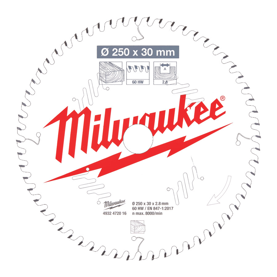 Диск пильный по дереву MILWAUKEE D250x2.8х30мм, Z60 ATB 4932472016