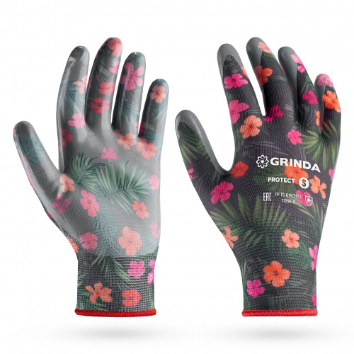 GRINDA PROTECT, S (7), садовые перчатки с прозрачным нитриловым покрытием, чёрные, 13 класс (11296-S